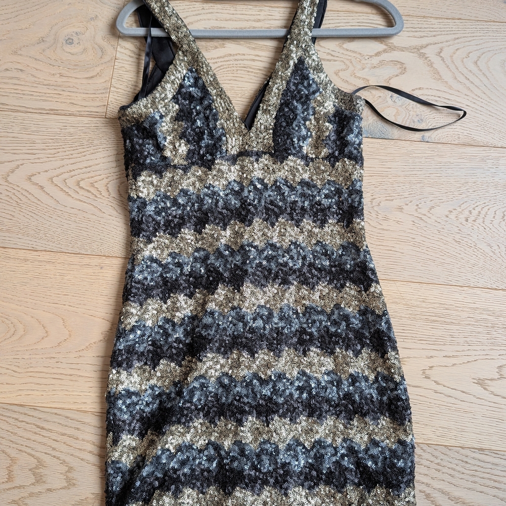 bebe Black and Gold Sequin Mini Dress
